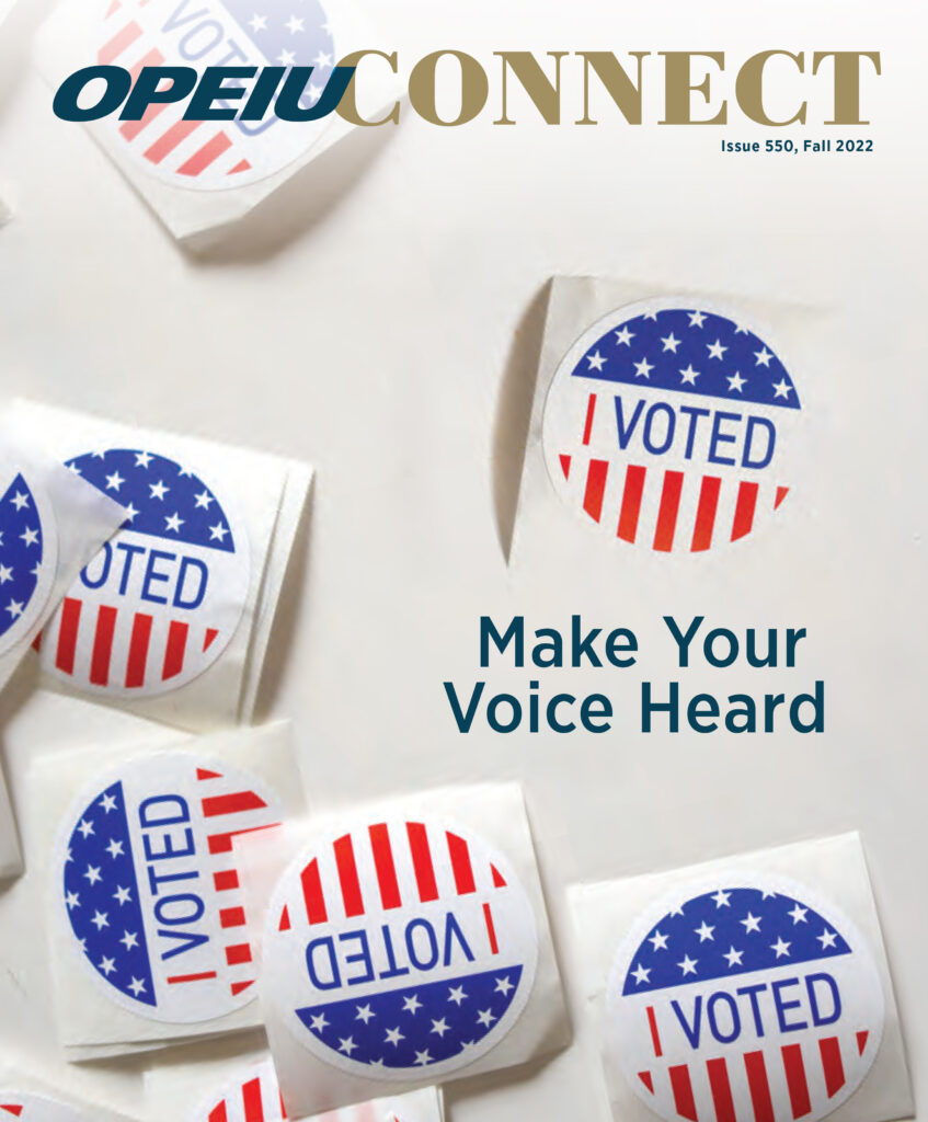 An image of the front cover of the Fall 2022 Issue of OPEIU Connect.  Image contains several "I Voted" stickers on a light background, with the caption "Make Your Voice Heard"